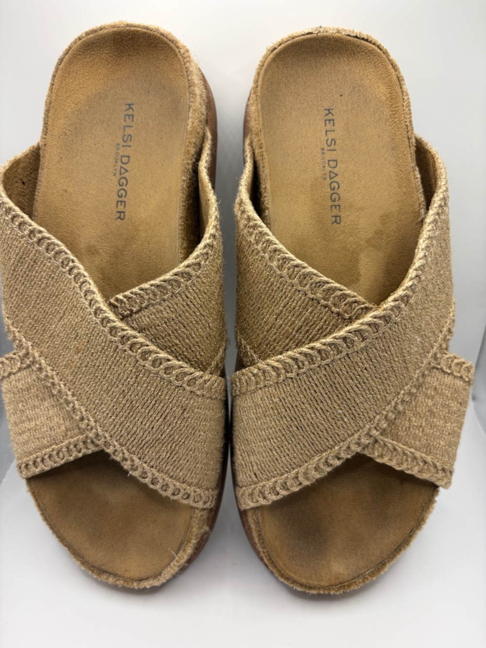 Kelsi Dagger Beige Crisscross Slide Mules Size 7 USA Sailor Slides